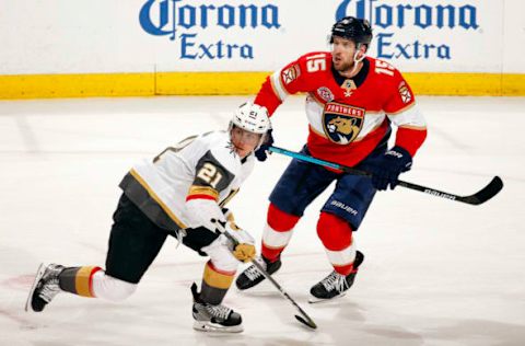 SUNRISE, FL – FEBRUARY 2: Cody Eakin #21 of the Vegas Golden Knights skates for position against Riley Sheahan #15 of the Florida Panthers at the BB&T Center on February 2, 2019 in Sunrise, Florida. (Photo by Eliot J. Schechter/NHLI via Getty Images)