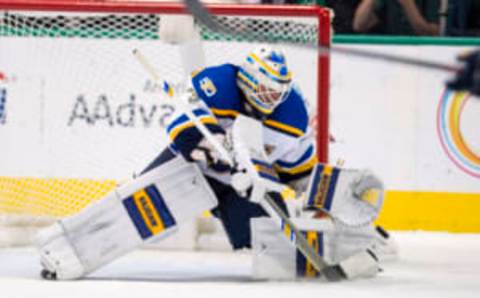 Dec 20, 2016; Dallas, TX, USA; St. Louis Blues goalie Jake Allen (34) makes a save on a Dallas Stars shot during the third period at the American Airlines Center. The Blues defeat the Stars 3-2 in overtime. Mandatory Credit: Jerome Miron-USA TODAY Sports