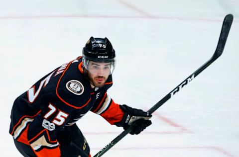 ANAHEIM, CA – OCTOBER 9: Jaycob Megna #75 of the Anaheim Ducks. (Photo by Debora Robinson/NHLI via Getty Images) *** Local Caption ***