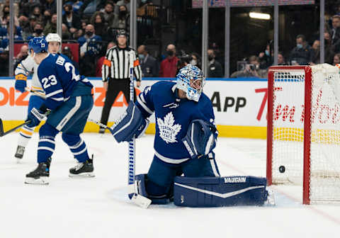 Mar 2, 2022; Toronto, Ontario, CAN; Toronto Maple Leafs goaltender Petr Mrazek (35) watches the puck hit the post during the second period against the Buffalo Sabres at Scotiabank Arena. Mandatory Credit: Nick Turchiaro-USA TODAY Sports