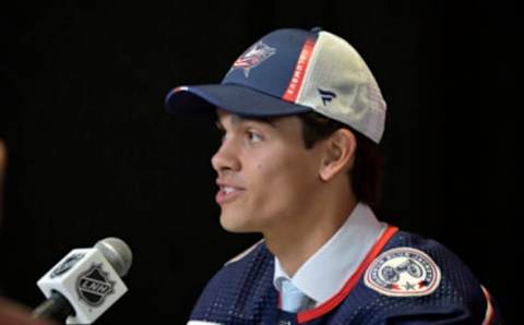 Jul 8, 2022; Montreal, Quebec, CANADA; Luca Del Bel Belluz gives an interview after being selected by the Columbus Blue Jackets in the second round of the 2022 NHL Draft at the Bell Centre. Mandatory Credit: Eric Bolte-USA TODAY Sports