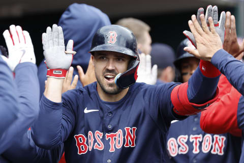 Apr 6, 2023; Detroit, Michigan, USA; Boston Red Sox center fielder Adam Duvall (18) receives congratulations from teammates after he hit a three run home run in the sixth inning against the Detroit Tigers at Comerica Park. Mandatory Credit: Rick Osentoski-USA TODAY Sports