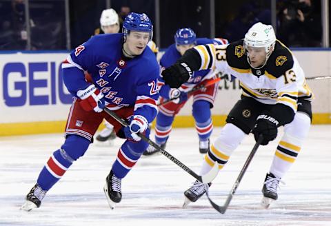 NEW YORK, NEW YORK – FEBRUARY 10: Kaapo Kakko #24 of the New York Rangers skates against the Boston Bruins at Madison Square Garden on February 10, 2021 in New York City. The Bruins defeated the Rangers 3-2 in overtime. (Photo by Bruce Bennett/Getty Images)