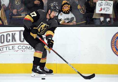 LAS VEGAS, NEVADA – SEPTEMBER 29: Shea Theodore #27 of the Vegas Golden Knights warms up prior to a game against the San Jose Sharks at T-Mobile Arena on September 29, 2019 in Las Vegas, Nevada. (Photo by David Becker/NHLI via Getty Images)