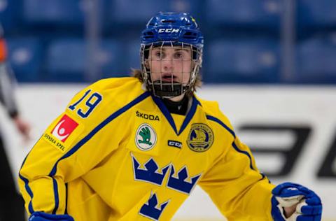 PLYMOUTH, MI – FEBRUARY 15: Nils Hoglander #19 of the Sweden Nationals follows the play against the Finland Nationals during the 2018 Under-18 Five Nations Tournament game at USA Hockey Arena on February 15, 2018 in Plymouth, Michigan. Finland defeated Sweden 5-3. (Photo by Dave Reginek/Getty Images)*** Local Caption *** Nils Hoglander