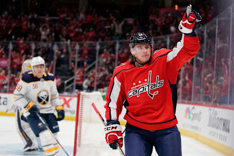 WASHINGTON, DC – NOVEMBER 01: Jakub Vrana #13 of the Washington Capitals celebrates after scoring his first goal of the game in the first period against the Buffalo Sabres at Capital One Arena on November 1, 2019 in Washington, DC. (Photo by Patrick McDermott/NHLI via Getty Images)