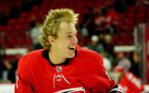 RALEIGH, NC – OCTOBER 26: Ryan Dzingel #18 of the Carolina Hurricanes warms up prior to an NHL game against he Chicago Blackhawks on October 26, 2019 at PNC Arena in Raleigh North Carolina. (Photo by Gregg Forwerck/NHLI via Getty Images)