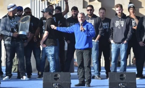 Nov 3, 2015; Kansas City, MO, USA; Kansas City Royals general manager Dayton Moore speaks to fans during the World Series victory celebration at Union Station. Mandatory Credit: Denny Medley-USA TODAY Sports