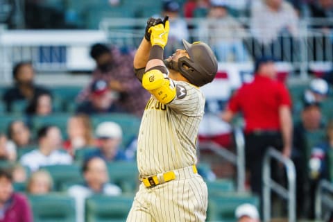 ATLANTA, GA – APRIL 09: Nelson Cruz #32 of the San Diego Padres celebrates hitting a 3-run home run during the third inning against the San Diego Padres at Truist Park on April 9, 2023 in Atlanta, Georgia. (Photo by Kevin D. Liles/Atlanta Braves/Getty Images)