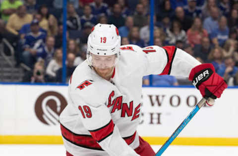 TAMPA, FL – NOVEMBER 30: Dougie Hamilton #19 of the Carolina Hurricanes against the Tampa Bay Lightning at Amalie Arena on November 30, 2019 in Tampa, Florida. (Photo by Scott Audette /NHLI via Getty Images)