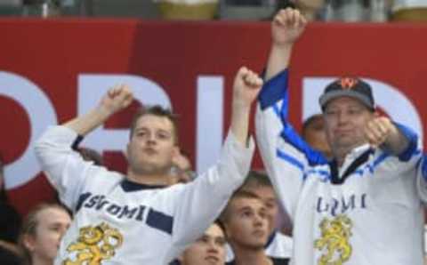 Sep 20, 2016; Toronto, Ontario, Canada; Fans of Team Finland whoop it up during a break in play against Team Russia during preliminary round play in the 2016 World Cup of Hockey at Air Canada Centre. Mandatory Credit: Dan Hamilton-USA TODAY Sports