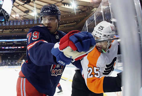 Mar 17, 2021; New York, New York, USA; New York Rangers defenseman K’Andre Miller. . Credit: Bruce Bennett/POOL PHOTOS-USA TODAY Sports