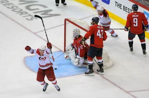 WASHINGTON, DC – APRIL 24: Carolina Hurricanes left wing Brock McGinn (23) celebrates his game winning goal during the Carolina Hurricanes defeat of the the Washington Capitals 4-3 in the 2nd overtime of game 7 of the the Stanley Cup eastern division quarter finals at 3 games each in Washington, DC on April 24, 2019 . (Photo by John McDonnell/The Washington Post via Getty Images)