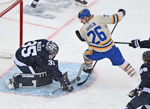 Mar 13, 2022; Hamilton, Ontario, CAN; Toronto Maple Leafs goalie Petr Mrazek (35) makes a save on a between-the-legs shot from Buffalo Sabres forward Rasmus Dahlin (26) in the first period of the 2022 Heritage Classic ice hockey game at Tim Hortons Field. Mandatory Credit: Dan Hamilton-USA TODAY Sports