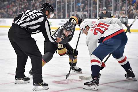 LAS VEGAS, NV – DECEMBER 4: Jonathan Marchessault #81 of the Vegas Golden Knights faces off with Lars Eller #20 of the Washington Capitals during the first period of a game at T-Mobile Arena on December 4, 2018 in Las Vegas, Nevada. (Photo by David Becker/NHLI via Getty Images)