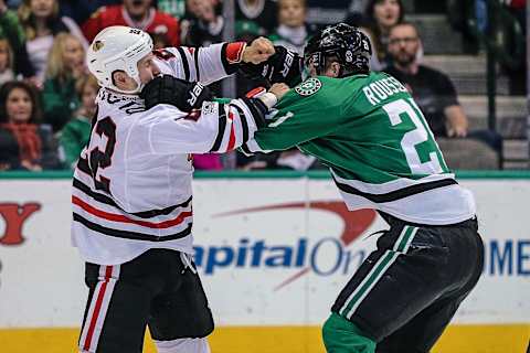 DALLAS, TX – FEBRUARY 04: Chicago Blackhawks right wing Jordin Tootoo (22) and Dallas Stars left wing Antoine Roussel (21) get into a fight during the game between the Dallas Stars and the Chicago Blackhawks on February 4, 2017 at the American Airlines Center in Dallas, Texas. Chicago defeats Dallas 5-3. (Photo by Matthew Pearce/Icon Sportswire via Getty Images)