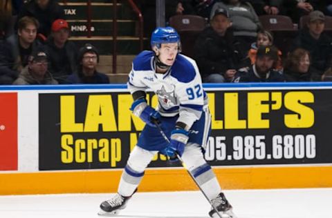 OSHAWA, ON – FEBRUARY 7: Blake Murray #92 of the Sudbury Wolves skates with the puck during an OHL game against the Oshawa Generals at the Tribute Communities Centre on February 7, 2020 in Oshawa, Ontario, Canada. (Photo by Chris Tanouye/Getty Images)