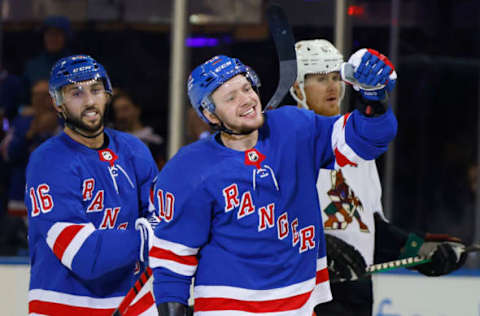 NEW YORK, NEW YORK – OCTOBER 16: (L-R) Vincent Trocheck #16 and Artemi Panarin #10 of the New York Rangers celebrate Trocheck’s game-winning goal against the Arizona Coyotes at Madison Square Garden on October 16, 2023 in New York City. The Rangers defeated the Coyotes 2-1. (Photo by Bruce Bennett/Getty Images)