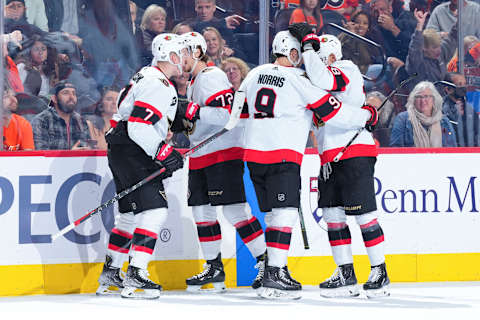 PHILADELPHIA, PA – APRIL 29: Brady Tkachuk #7 of the Ottawa Senators celebrates his goal with Thomas Chabot #72, Josh Norris #9, and Tim Stutzle #18 against the Philadelphia Flyers in the third period at the Wells Fargo Center on April 29, 2022 in Philadelphia, Pennsylvania. (Photo by Mitchell Leff/Getty Images)