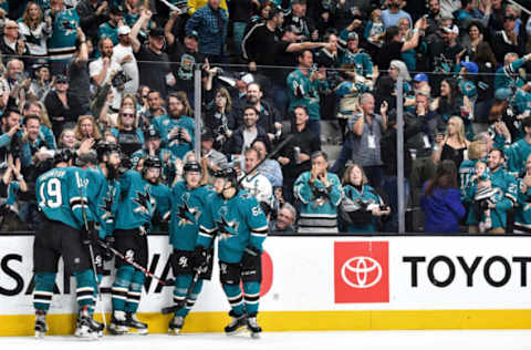 SAN JOSE, CA – APRIL 28: Joe Thornton #19, Kevin Labanc #62 and Marcus Sorensen #20 of the San Jose Sharks celebrate scoring a goal against the Colorado Avalanche in Game Two of the Western Conference Second Round during the 2019 NHL Stanley Cup Playoffs at SAP Center on April 28, 2019 in San Jose, California (Photo by Brandon Magnus/NHLI via Getty Images)