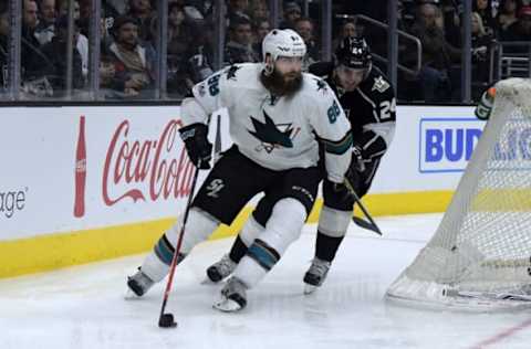 NHL Players: San Jose Sharks defenseman Brent Burns (88) is defended by Los Angeles Kings defenseman Derek Forbort (24) during a NHL hockey game at Staples Center. The Sharks defeated the Kings 3-2. Mandatory Credit: Kirby Lee-USA TODAY Sports