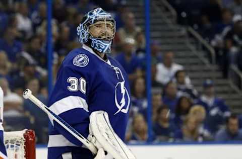 Apr 27, 2016; Tampa, FL, USA; Tampa Bay Lightning goalie Ben Bishop (30) reacts as an official calls a penalty against the New York Islanders during the second period in game one of the second round of the 2016 Stanley Cup Playoffs at Amalie Arena. Mandatory Credit: Kim Klement-USA TODAY Sports