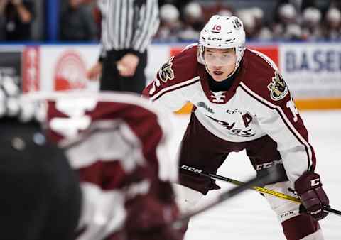 OSHAWA, ON – JANUARY 31: Nick Robertson #16 of the Peterborough Petes looks on before a face-off during an OHL game against the Oshawa Generals at the Tribute Communities Centre on January 31, 2020 in Oshawa, Ontario, Canada. (Photo by Chris Tanouye/Getty Images)