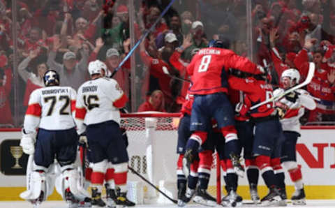 WASHINGTON, DC – MAY 13: T.J. Oshie #77 of the Washington Capitals celebrates after scoring a goal against the Florida Panthers during the third period in Game Six of the First Round of the 2022 Stanley Cup Playoffs at Capital One Arena on May 13, 2022 in Washington, DC. (Photo by Patrick Smith/Getty Images)