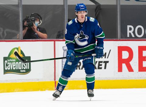 VANCOUVER, BC – MAY 03: Kole Lind #78 of the Vancouver Canucks skates during NHL action against the Edmonton Oilers at Rogers Arena on April 16, 2021 in Vancouver, Canada. (Photo by Rich Lam/Getty Images)