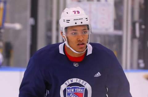 NEW YORK, NY – JUNE 29: New York Rangers Defenseman K’Andre Miller (79) skates during New York Rangers Prospect Development Camp on June 29, 2018 at the MSG Training Center in New York, NY. (Photo by Rich Graessle/Icon Sportswire via Getty Images)