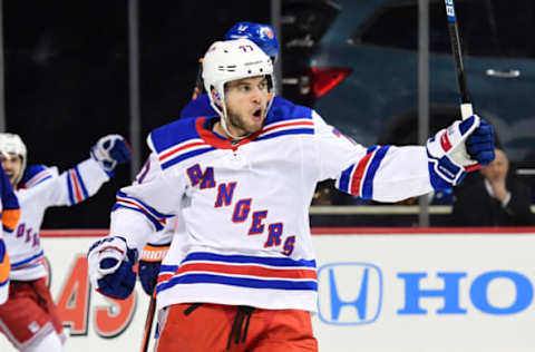 NEW YORK, NEW YORK – JANUARY 12: Tony DeAngelo #77 of the New York Rangers reacts after the Rangers score during the third period of the game against the New York Islanders at Barclays Center on January 12, 2019 in the Brooklyn borough of New York City. (Photo by Sarah Stier/Getty Images)