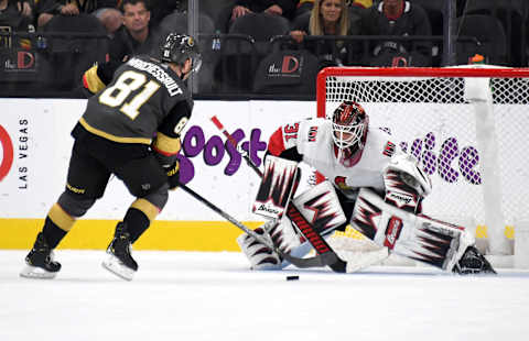 LAS VEGAS, NEVADA – OCTOBER 17: Jonathan Marchessault #81 of the Vegas Golden Knights scores a game-winning shootout goal against Anders Nilsson #31 of the Ottawa Senators at T-Mobile Arena on October 17, 2019 in Las Vegas, Nevada. The Golden Knights defeated the Senators 3-2 in a shootout. (Photo by Ethan Miller/Getty Images)