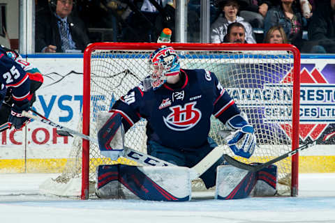 KELOWNA, BC – MARCH 7: Bryan Thomson #30 of the Lethbridge Hurricanes defends the net during third period against the Kelowna Rockets at Prospera Place on March 7, 2020 in Kelowna, Canada. (Photo by Marissa Baecker/Getty Images )