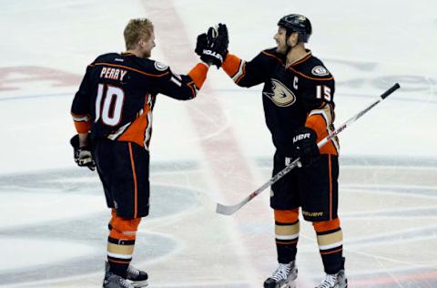 ANAHEIM, CA – MAY 10: Corey Perry #10 of the Anaheim Ducks is congratulated by Ryan Getzlaf #15 after scoring the game-winning goal in OT to eliminate the Calgary Flames in Game 5 of the 2015 Western Conference Semifinals on May 10, 2015. (Photo by Kevork Djansezian/Getty Images)