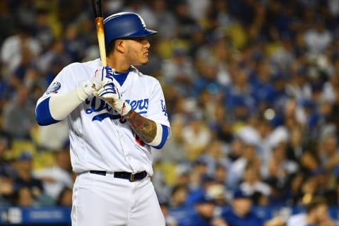 LOS ANGELES, CA – SEPTEMBER 18: Los Angeles Dodgers shortstop Manny Machado (8) at bat during a MLB game between the Colorado Rockies and the Los Angeles Dodgers on September 18, 2018 at Dodger Stadium in Los Angeles, CA. (Photo by Brian Rothmuller/Icon Sportswire via Getty Images)