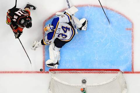 ANAHEIM, CALIFORNIA – MARCH 11: Jake Allen #34 of the St. Louis Blues. (Photo by Sean M. Haffey/Getty Images)