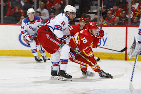 Derek Ryan #10 of the Calgary Flames skates against the New York Rangers