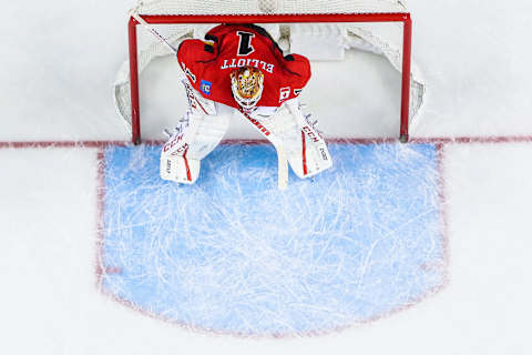 Mar 5, 2017; Calgary, Alberta, CAN; Calgary Flames goalie Brian Elliott (1) guards his net against the New York Islanders during the third period at Scotiabank Saddledome. Calgary Flames won 5-2. Mandatory Credit: Sergei Belski-USA TODAY Sports