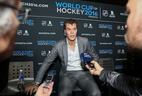 Sep 9, 2015; Toronto, Ontario, Canada; Tuukka Rask answers questions from the press during a press conference and media event for the 2016 World Cup of Hockey at Air Canada Centre. Mandatory Credit: Tom Szczerbowski-USA TODAY Sports