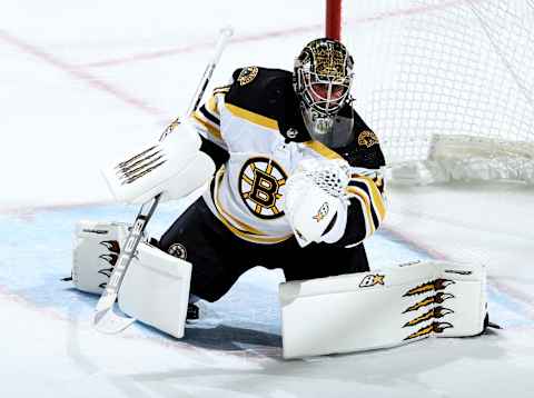 NEWARK, NEW JERSEY – JANUARY 16: Jaroslav Halak #41 of the Boston Bruins stops a shot in the overtime period against the New Jersey Devils at Prudential Center on January 16, 2021 in Newark, New Jersey (Photo by Elsa/Getty Images).