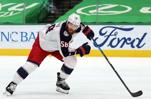 DALLAS, TEXAS – MARCH 04: David Savard #58 of the Columbus Blue Jackets in the first period at American Airlines Center on March 04, 2021 in Dallas, Texas. (Photo by Ronald Martinez/Getty Images)