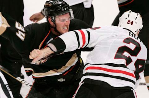 ANAHEIM, CA: Nick Boynton #24 of the Chicago Blackhawks fights with James Wisniewski #34 of the Anaheim Ducks during the game on March 17, 2010. (Photo by Debora Robinson/NHLI via Getty Images)