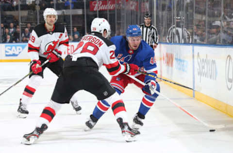 NEW YORK, NY – MARCH 09: Brendan Lemieux #48 of the New York Rangers skates with the puck against Damon Severson #28 of the New Jersey Devils at Madison Square Garden on March 9, 2019 in New York City. (Photo by Jared Silber/NHLI via Getty Images)