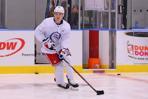 NEW YORK, NY – JUNE 29: New York Rangers Center Lias Andersson (50) skates during the New York Rangers Prospect Development Camp on June 29, 2018 at the MSG Training Center in New York, NY. (Photo by Rich Graessle/Icon Sportswire via Getty Images)