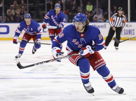 NEW YORK, NEW YORK – OCTOBER 27: Artemi Panarin #10 of the New York Rangers skates against the Boston Bruins at Madison Square Garden on October 27, 2019 in New York City. The Bruins defeated the Rangers 7-4. (Photo by Bruce Bennett/Getty Images)