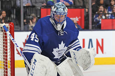 TORONTO, ON – FEBRUARY 18: Jonathan Bernier #45 of the Toronto Maple Leafs  . (Photo by Claus Andersen/Getty Images)