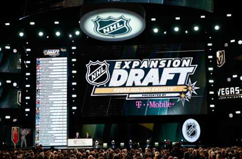 LAS VEGAS, NV – JUNE 21: A general view of the big screen displaying the Vegas Golden Knights draftees is seen during the 2017 NHL Awards