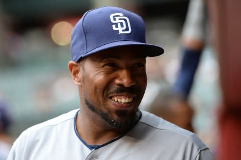 PHOENIX, AZ – APRIL 27: Johnny Washington #28 of the San Diego Padres smiles in the dugout prior to the MLB game against the Arizona Diamondbacks at Chase Field on April 27, 2017 in Phoenix, Arizona. The Arizona Diamondbacks won 6 – 2. (Photo by Jennifer Stewart/Getty Images)