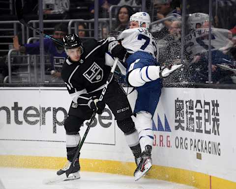 LOS ANGELES, CALIFORNIA – MARCH 05: Kyle Clifford #73 of the Toronto Maple Leafs collides with Matt Roy #3 of the Los Angeles Kings during the first period at Staples Center on March 05, 2020 in Los Angeles, California. (Photo by Harry How/Getty Images)