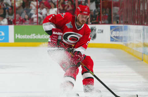 RALEIGH, NC – JUNE 19: Frantisek Kaberle #5 of the Carolina Hurricanes skates against the Edmonton Oilers during game seven of the 2006 NHL Stanley Cup Finals on June 19, 2006, at the RBC Center in Raleigh, North Carolina. The Hurricanes defeated the Oilers 3-1 to win the series 4-3. (Photo by Jim McIsaac/Getty Images)